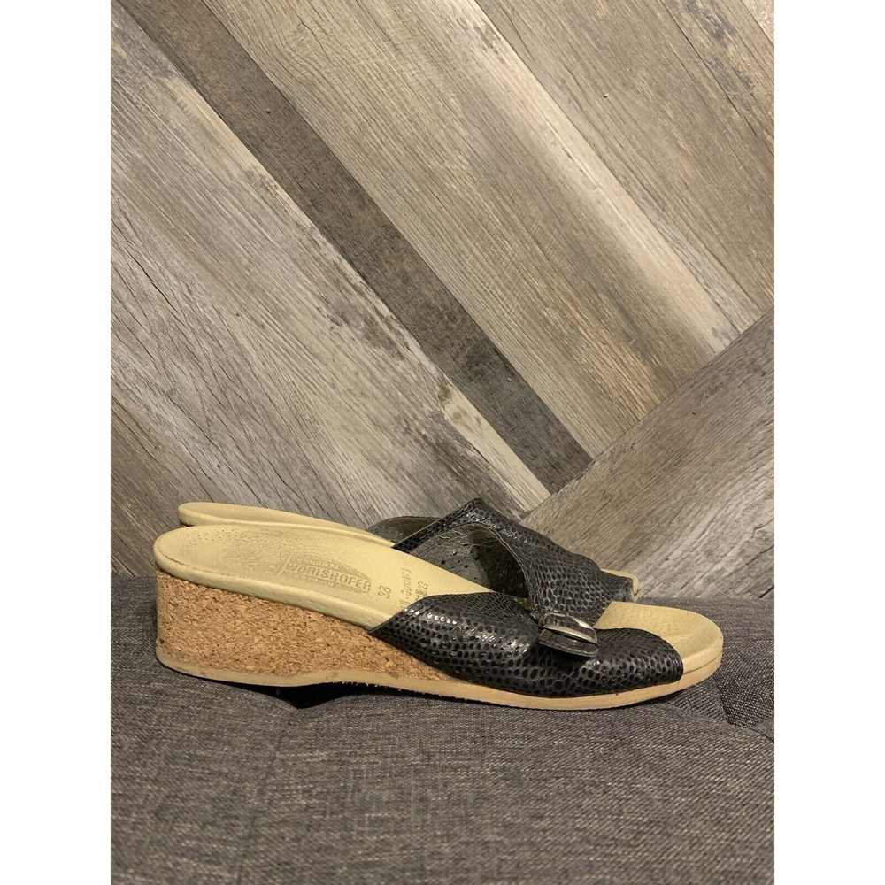 Worishofer Womens Size 8 Black Leather Cork Wedge Slide Sandal